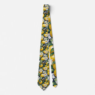 Fresh Yellow Lemons With Busy Bees & White Blooms Neck Tie