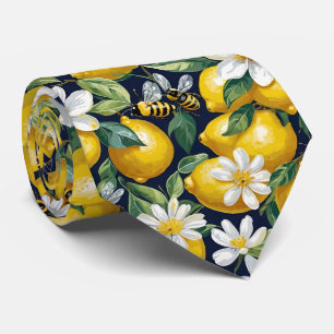 Fresh Yellow Lemons With Busy Bees & White Blooms Neck Tie