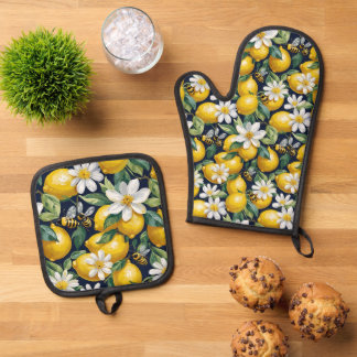 Fresh Yellow Lemons With Busy Bees & White Blooms Oven Mitt & Pot Holder Set