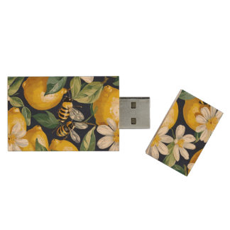 Fresh Yellow Lemons With Busy Bees & White Blooms Wood Flash Drive