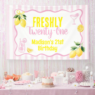 Freshly 21 Birthday Theme Lemon Pink Stripes Banner