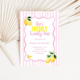 Freshly 21 Birthday Theme Lemon Pink Stripes Invitation