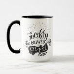 Freshly Brewed Coffee Personalized Mug<br><div class="desc">This mug features whimsical hand lettering that says "Freshly Brewed Coffee" on a white background. The lettering features decorative swashes and ornamental swirls. On the back there is a black coffee mug you can personalize with a name.</div>