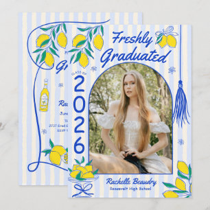 Freshly Graduate Lemon Citrus Blue Stripes Grad Invitation