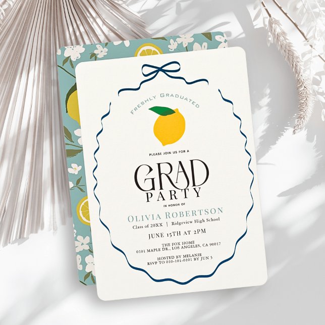 Freshly Graduated Blue Bow Lemon Graduation Invitation (Creator Uploaded)