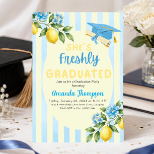 Freshly Graduated Blue Stripe Lemon Graduation Invitation