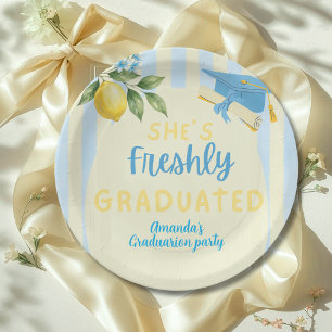 Freshly Graduated Blue Stripe Lemon Graduation Paper Plates