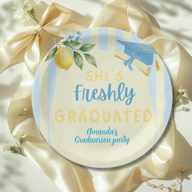 Freshly Graduated Blue Stripe Lemon Graduation Paper Plates (Creator Uploaded)