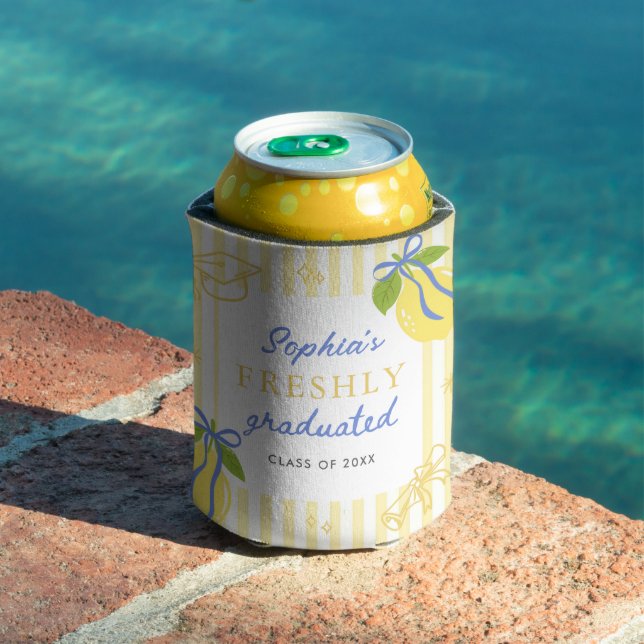 Freshly Graduated Lemon Blue Bow Graduation Can Cooler (In Situ Pool)