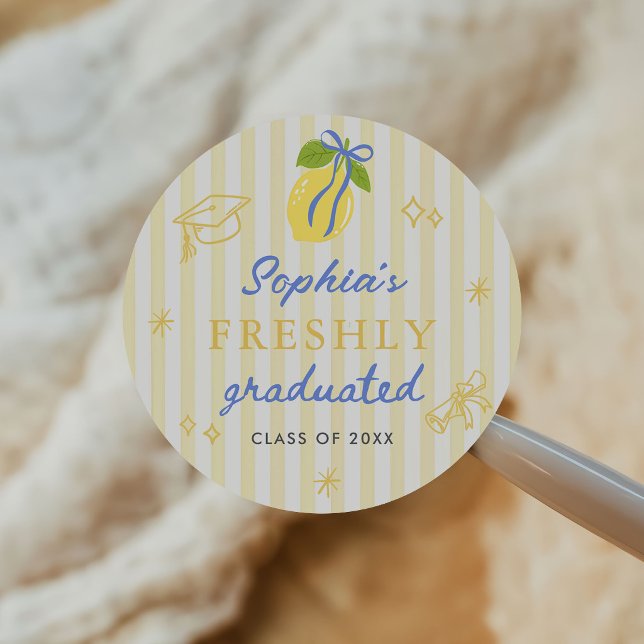 Freshly Graduated Lemon Blue Bow Graduation Classic Round Sticker (Creator Uploaded)