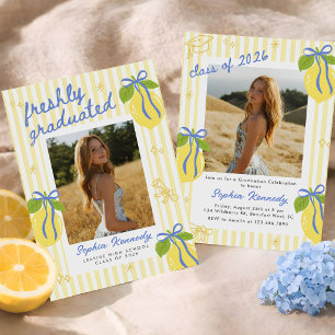 Freshly Graduated Lemon Blue Bow Graduation Invitation