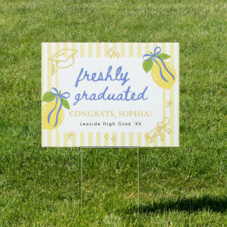 Freshly Graduated Lemon Blue Bow Graduation  Sign