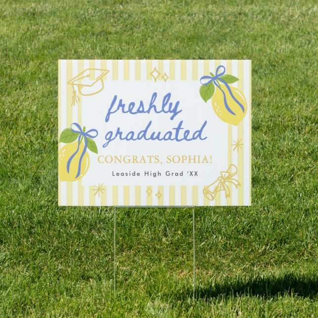 Freshly Graduated Lemon Blue Bow Graduation  Sign (Insitu)