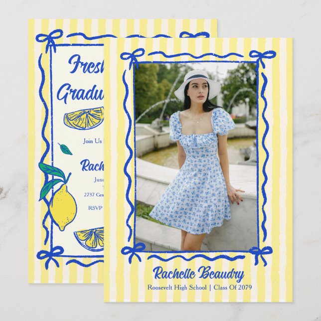 Freshly Graduated Lemon Citrus Preppy Bow Photo Invitation (Front/Back)