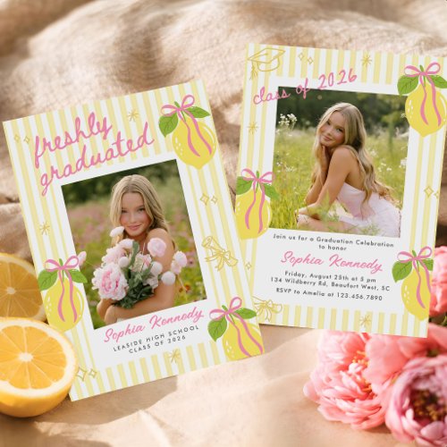 Freshly Graduated Lemon Pink Bow Graduation Invitation