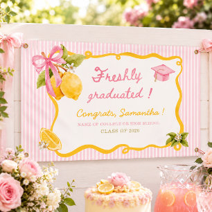 Freshly graduated lemon pink bow  graduation party banner