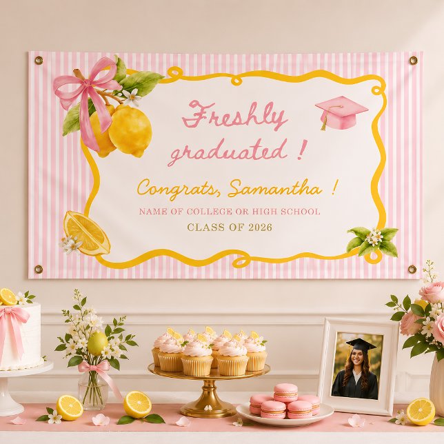 Freshly graduated lemon pink bow  graduation party banner (Creator Uploaded)