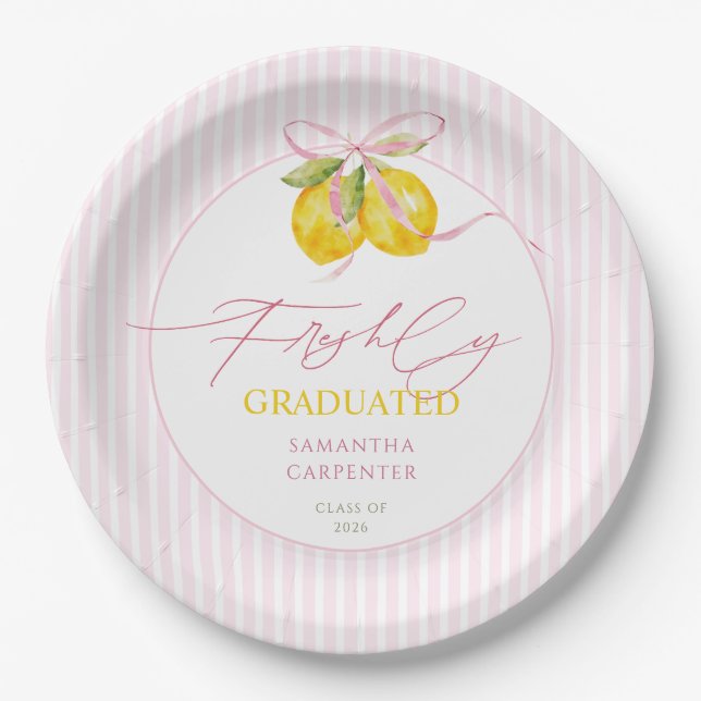 freshly graduated Lemon pink bow graduation PARTY  Paper Plates (Front)