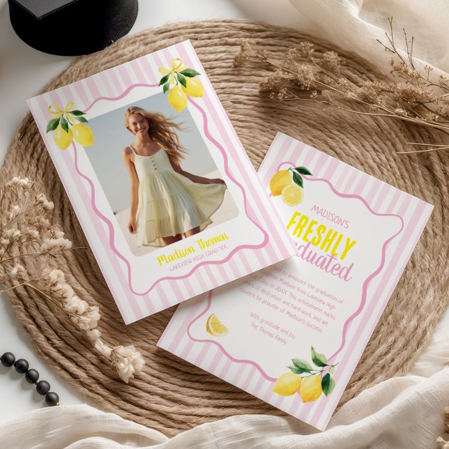 Freshly Graduated Lemon Pink Stripes Graduation Announcement (Creator Uploaded)