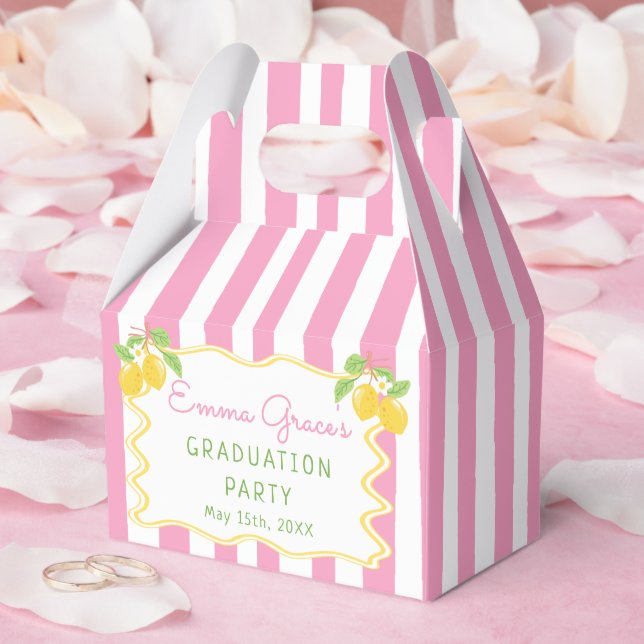 Freshly Graduated Lemon Pink Stripes Graduation Favor Boxes (Wedding)