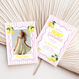 Freshly Graduated Lemon Pink Stripes Graduation Invitation