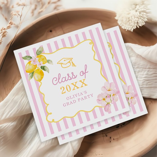 Freshly Graduated Lemon Pink Stripes Graduation Napkins (Creator Uploaded)