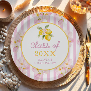 Freshly Graduated Lemon Pink Stripes Graduation Paper Plates