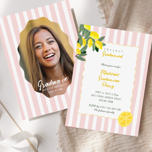 Freshly Graduated Lemon Stripe Graduation Party Invitation (Freshly Graduated Lemon Stripe Graduation Party Invitation)
