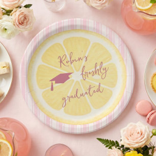 Freshly Graduated Lemon Stripes Grad Party Paper Plates