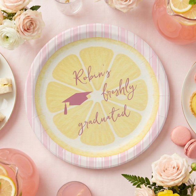 Freshly Graduated Lemon Stripes Grad Party Paper Plates (Creator Uploaded)