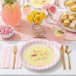 Freshly Graduated Lemon Stripes Grad Party Paper Plates