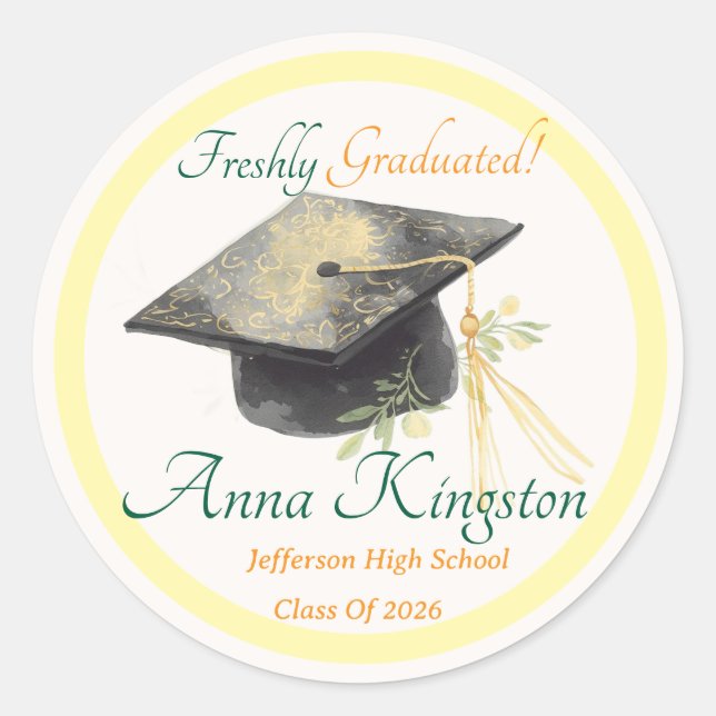 Freshly Graduated Modern Personalized Classic Round Sticker (Front)