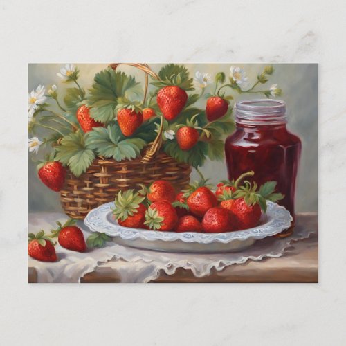 Freshly Harvested Strawberries and Strawberry Jam  Postcard