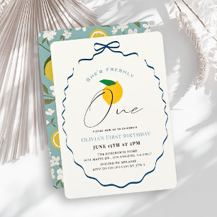 Freshly One Blue Bow Lemon/Citrus 1st Birthday Invitation