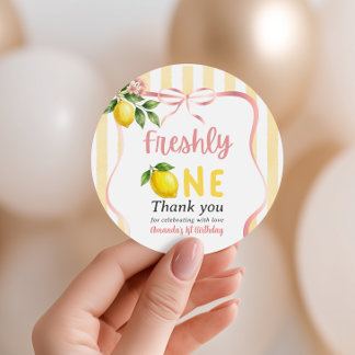 Freshly One Bow Pink Yellow Lemon First Birthday Classic Round Sticker