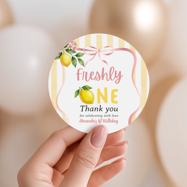 Freshly One Bow Pink Yellow Lemon First Birthday Classic Round Sticker (Creator Uploaded)
