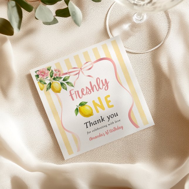 Freshly One Bow Pink Yellow Lemon First Birthday Napkins (Creator Uploaded)