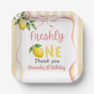 Freshly One Bow Pink Yellow Lemon First Birthday Paper Plates