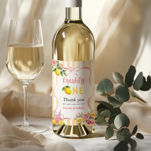 Freshly One Bow Pink Yellow Lemon First Birthday Wine Label