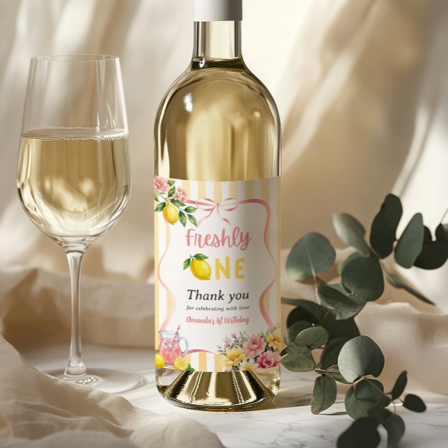 Freshly One Bow Pink Yellow Lemon First Birthday Wine Label (Creator Uploaded)