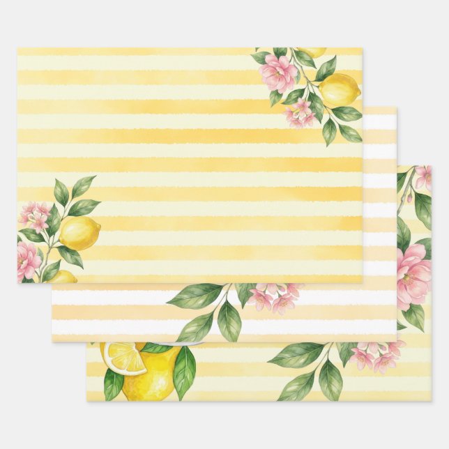 Freshly One Bow Pink Yellow Lemon First Birthday Wrapping Paper Sheets (Set)