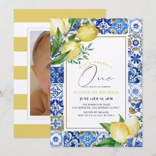 Freshly One Lemon Blue Tile Photo 1st Birthday Invitation