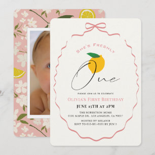 Freshly One Pink Bow Lemon Photo Girl 1st Birthday Invitation