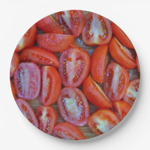 Freshly sliced tomatoes paper plates