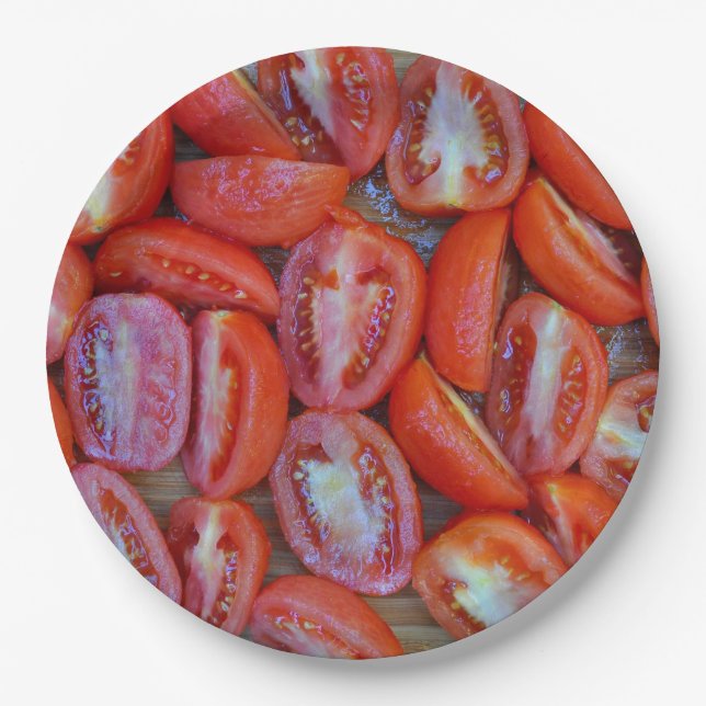 Freshly sliced tomatoes paper plates (Front)