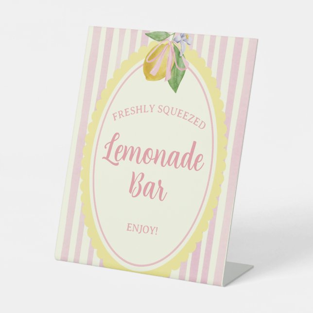 Freshly Squeezed Lemonade Bar Pink Lemon Party Pedestal Sign (Front)