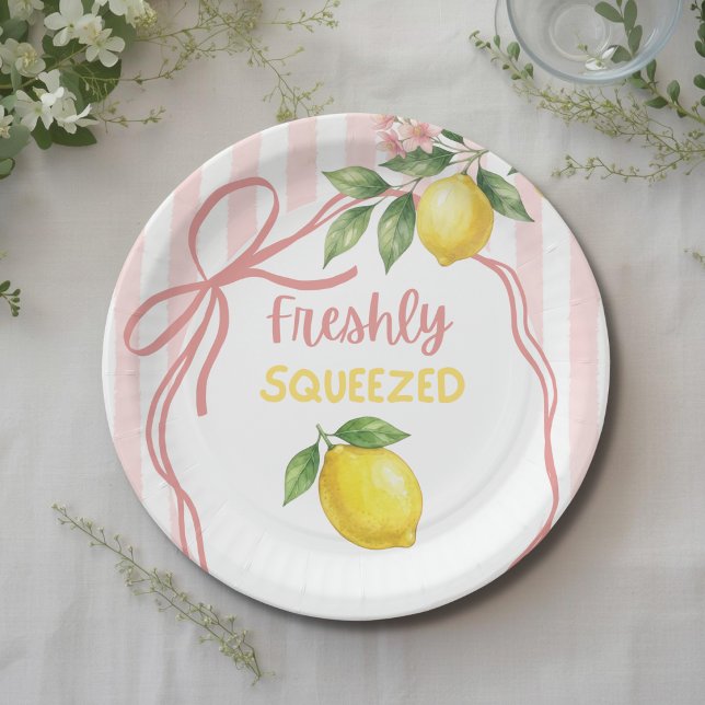 Freshly Squeezed Lemonade Pink Bow Baby Shower Paper Plates (Creator Uploaded)
