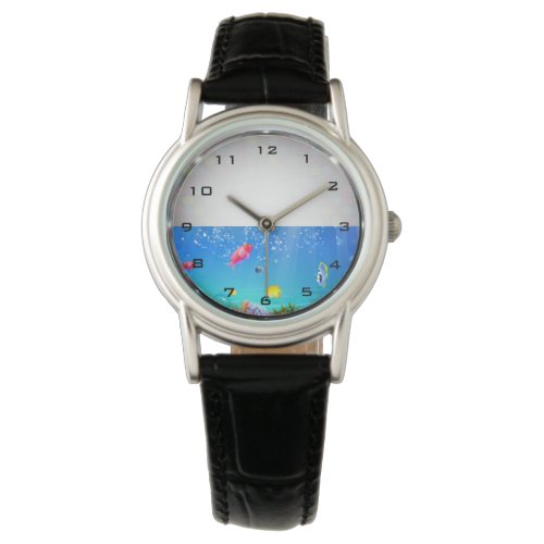 Freshwater Fish Aquarium Womens Black Leather Watch