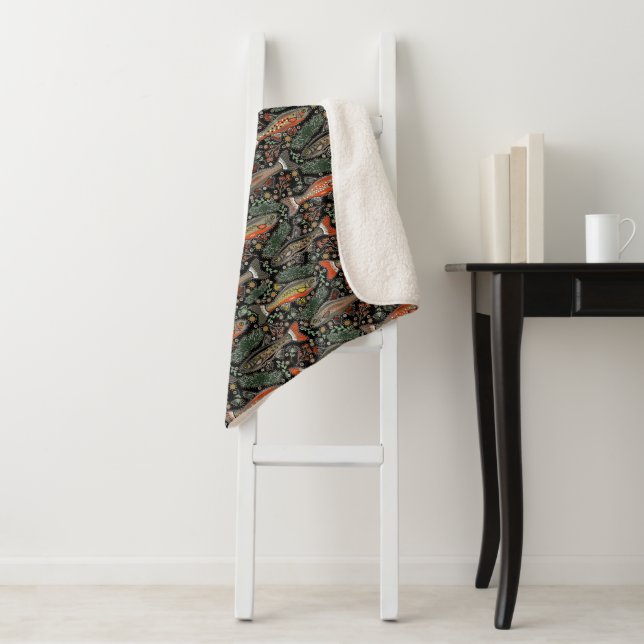 Freshwater Fish Stylish Black Gray Orange Green Sherpa Blanket (In Situ)