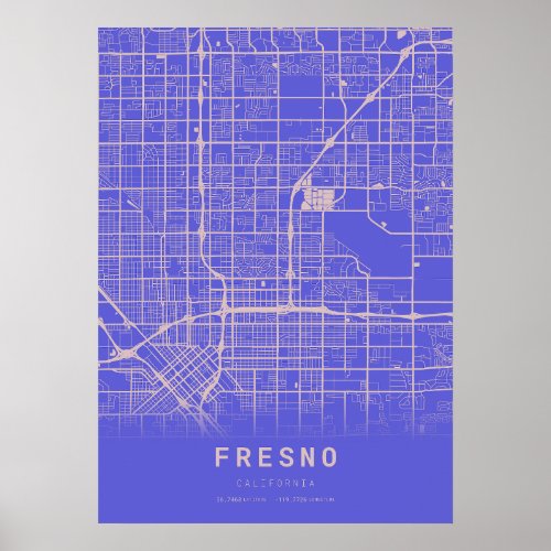 Fresno Blue City Map Poster